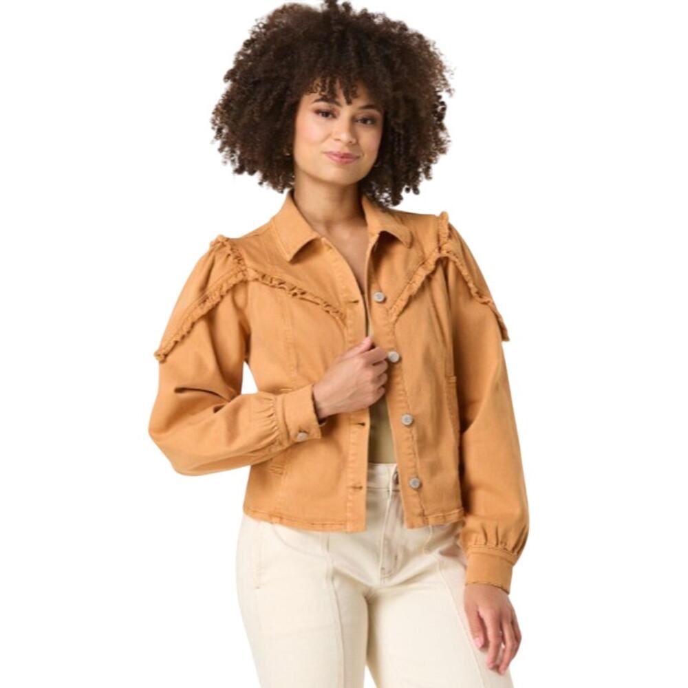 Cato Womens Ruffled Trim Denim Jacket Size Small Pumpkin Spice Ruffled Western